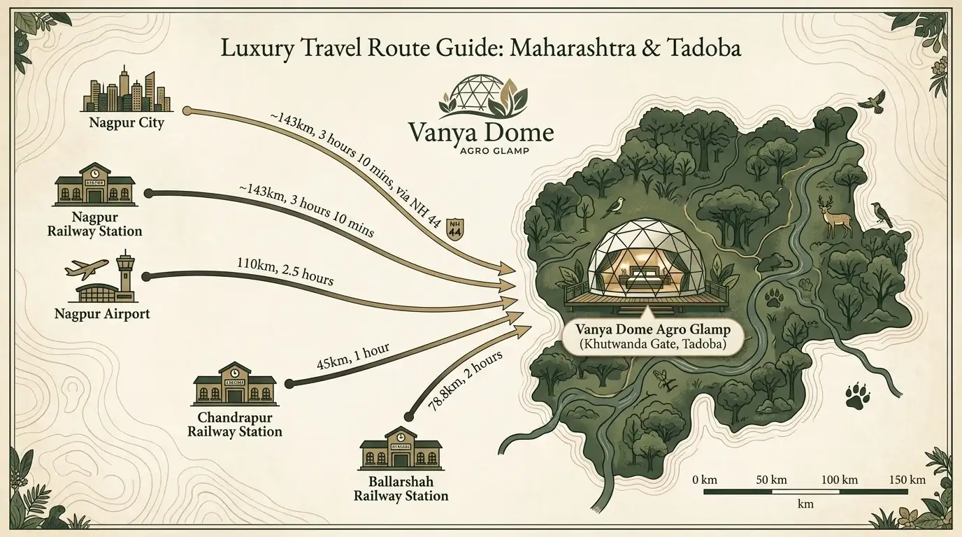 Travel route guide showing distances to Vanyadome Agro Glamp — 110km, 2.5 hours by road from Dr. Babasaheb Ambedkar International Airport, Nagpur and 45km, 1 hour by road from Chandrapur Railway Station